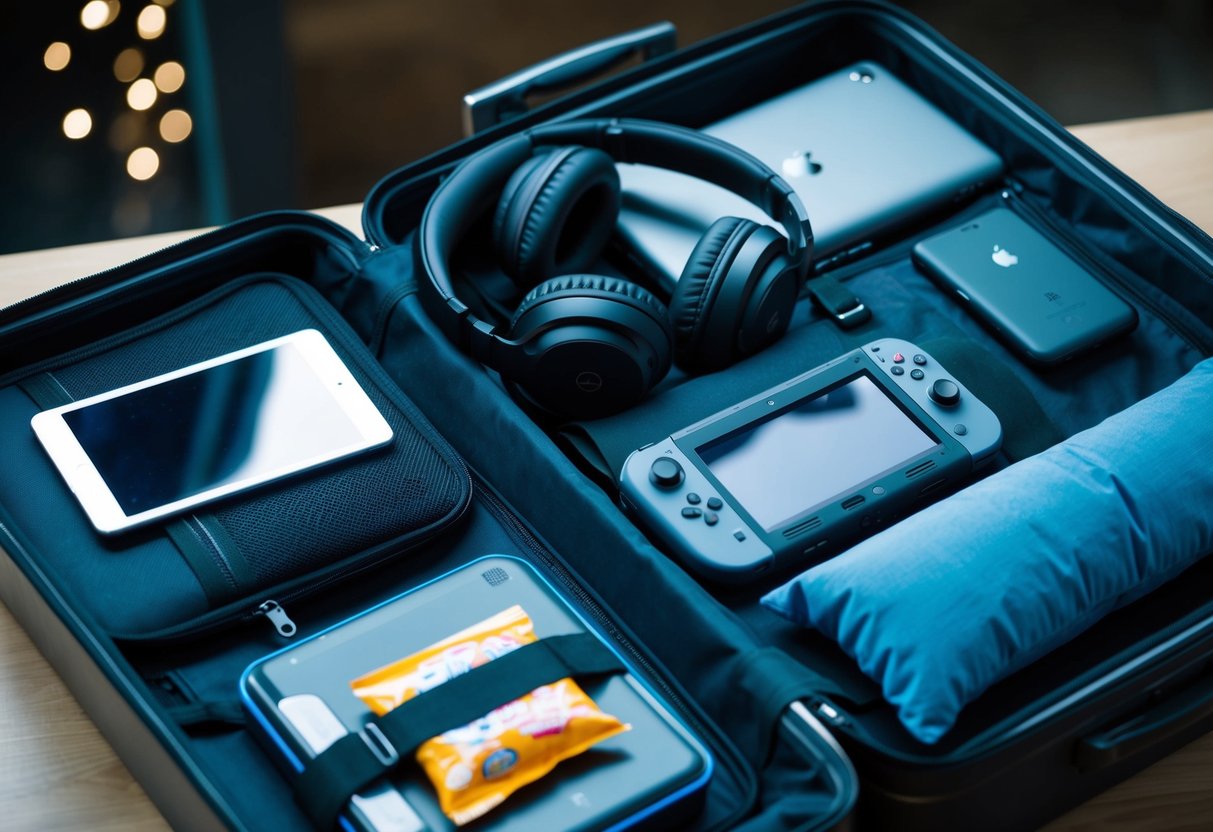 A suitcase open with 5 gadgets spilling out: a tablet, headphones, portable game console, travel pillow, and a snack dispenser