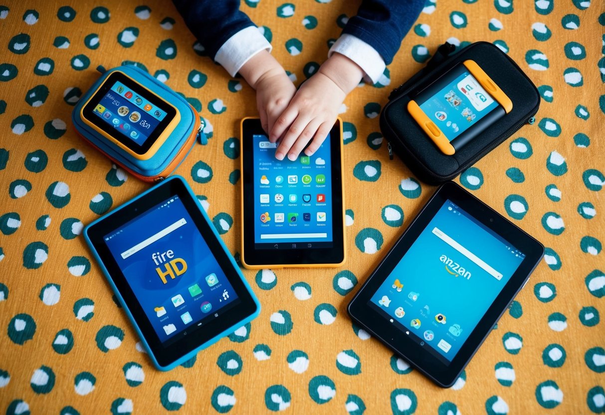 A child's hand holding an Amazon Fire HD Kids Tablet surrounded by 4 other travel gadgets on a colorful, patterned background