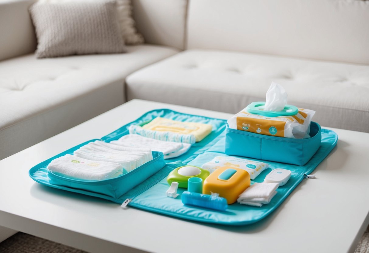 A portable changing pad with compartments for diapers, wipes, and other baby essentials laid out on a clean, flat surface