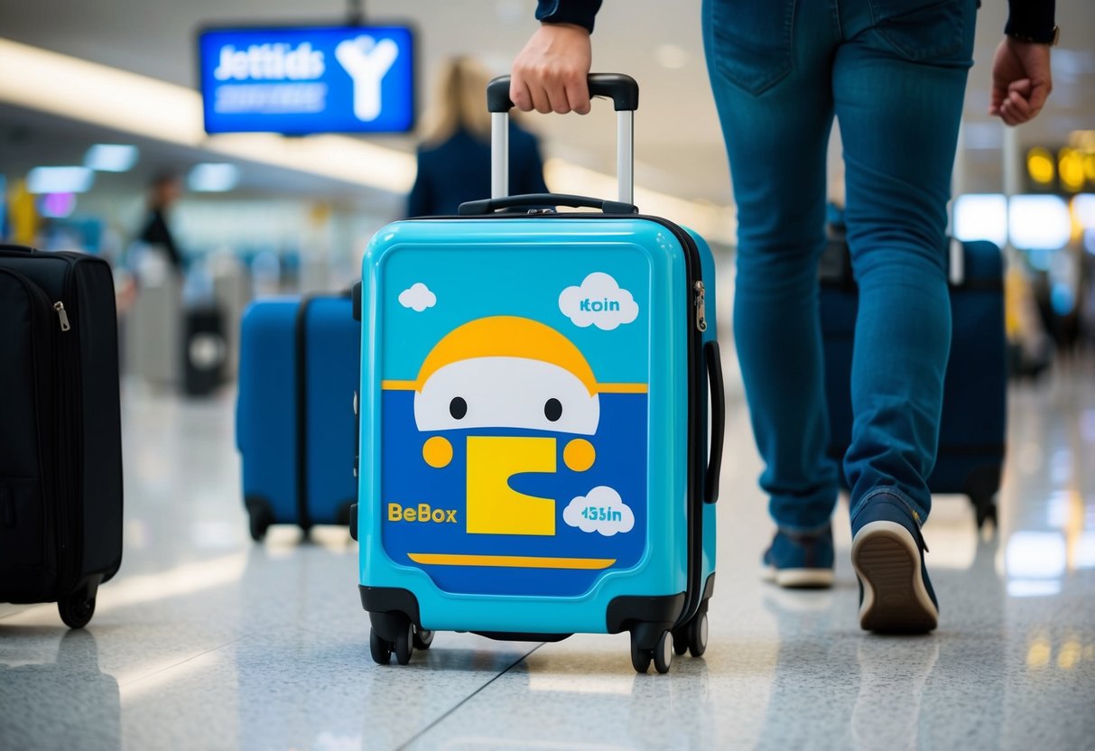 A child's JetKids BedBox suitcase being pulled through an airport by a parent, surrounded by other travel gadgets for kids