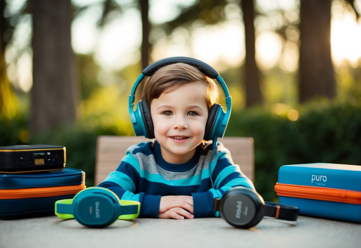 A child wearing Puro Sound Labs JuniorJams headphones while surrounded by other travel gadgets