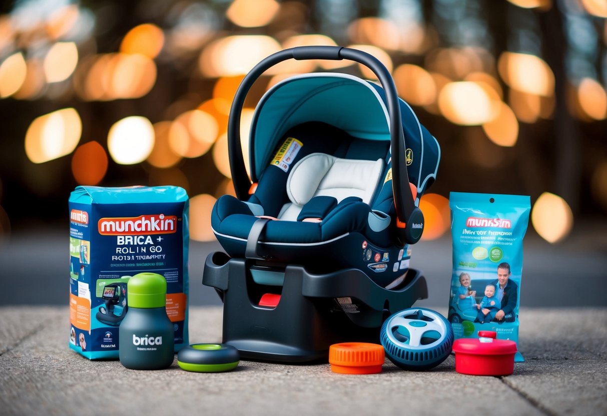 A Munchkin Brica Roll ‘n Go Car Seat Transporter surrounded by 5 essential travel gadgets for children