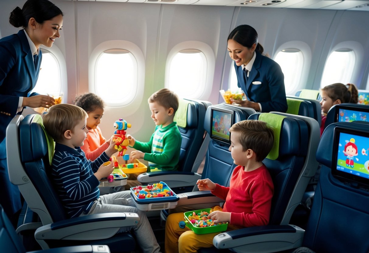 Children playing with toys and watching cartoons on individual screens in their seats, while flight attendants serve snacks and drinks