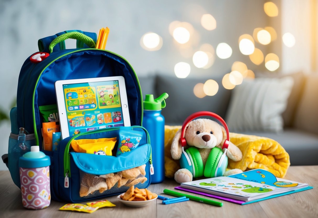 A child's backpack filled with snacks, a tablet playing cartoons, a cozy blanket, a stuffed animal, headphones, a coloring book, and a water bottle