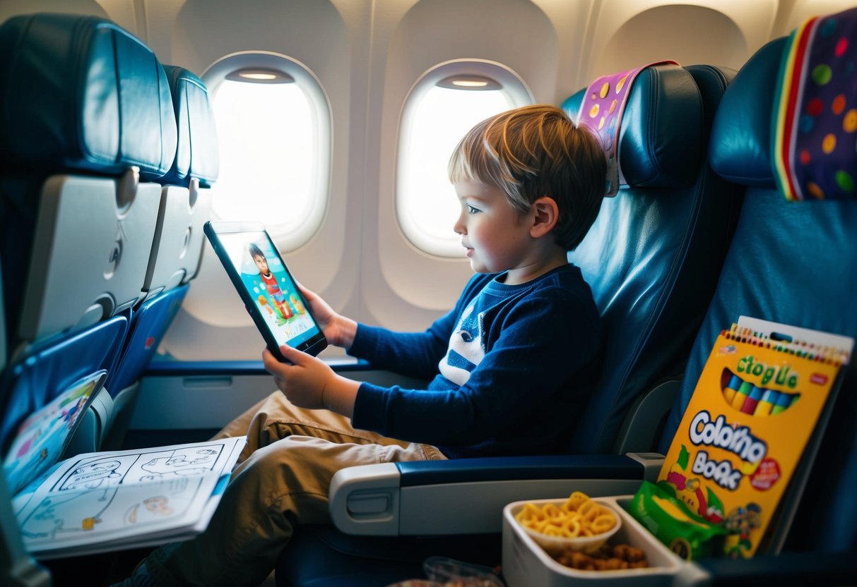 A child sitting on a plane, watching a movie on a tablet while surrounded by calming activities like coloring books and snacks