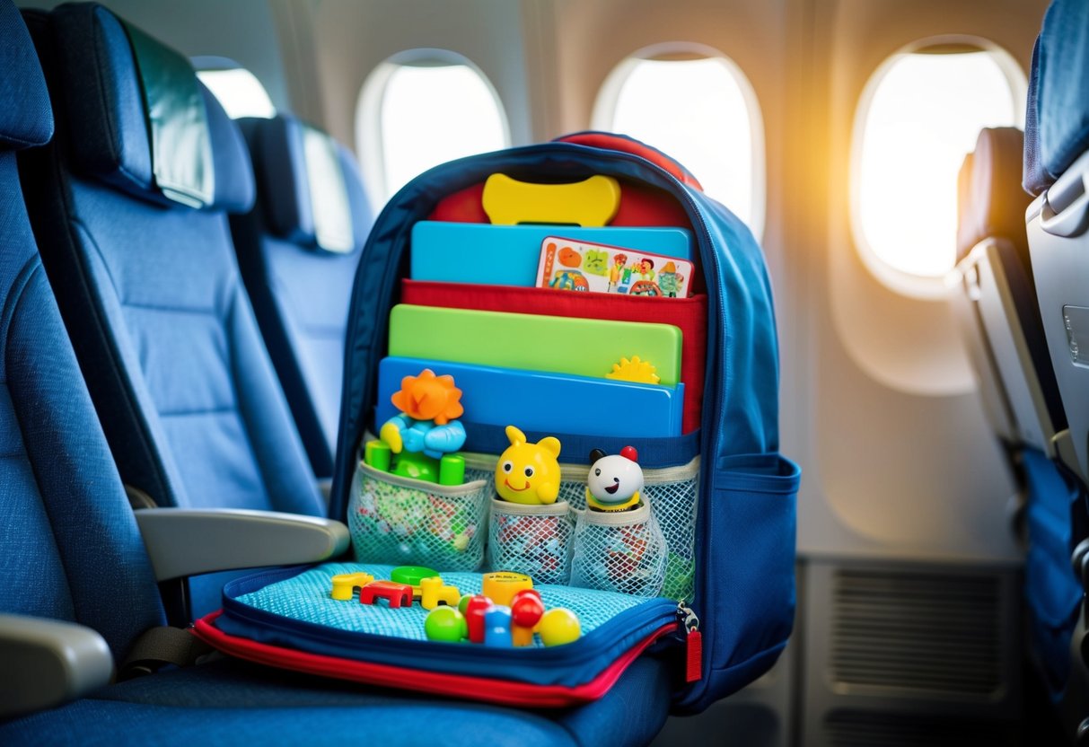 A child's backpack filled with small toys and activities, neatly organized and ready to be opened during a flight