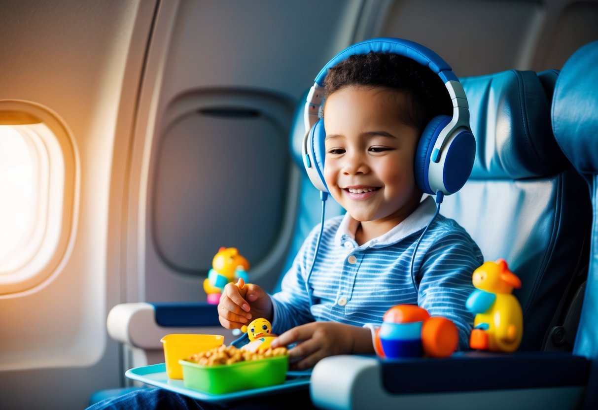 A child wearing noise-canceling headphones sits peacefully with a smile, surrounded by toys and snacks on a plane