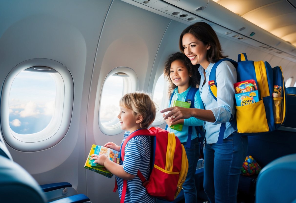 A mother and two young children board a plane, carrying backpacks filled with snacks, toys, and books. The children are excited, chatting and pointing out the window as the plane takes off