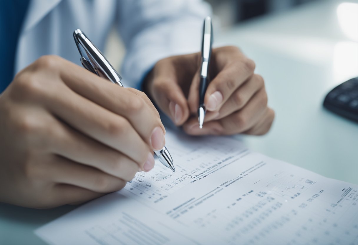 A dentist writing chart notes on a patient's dental record