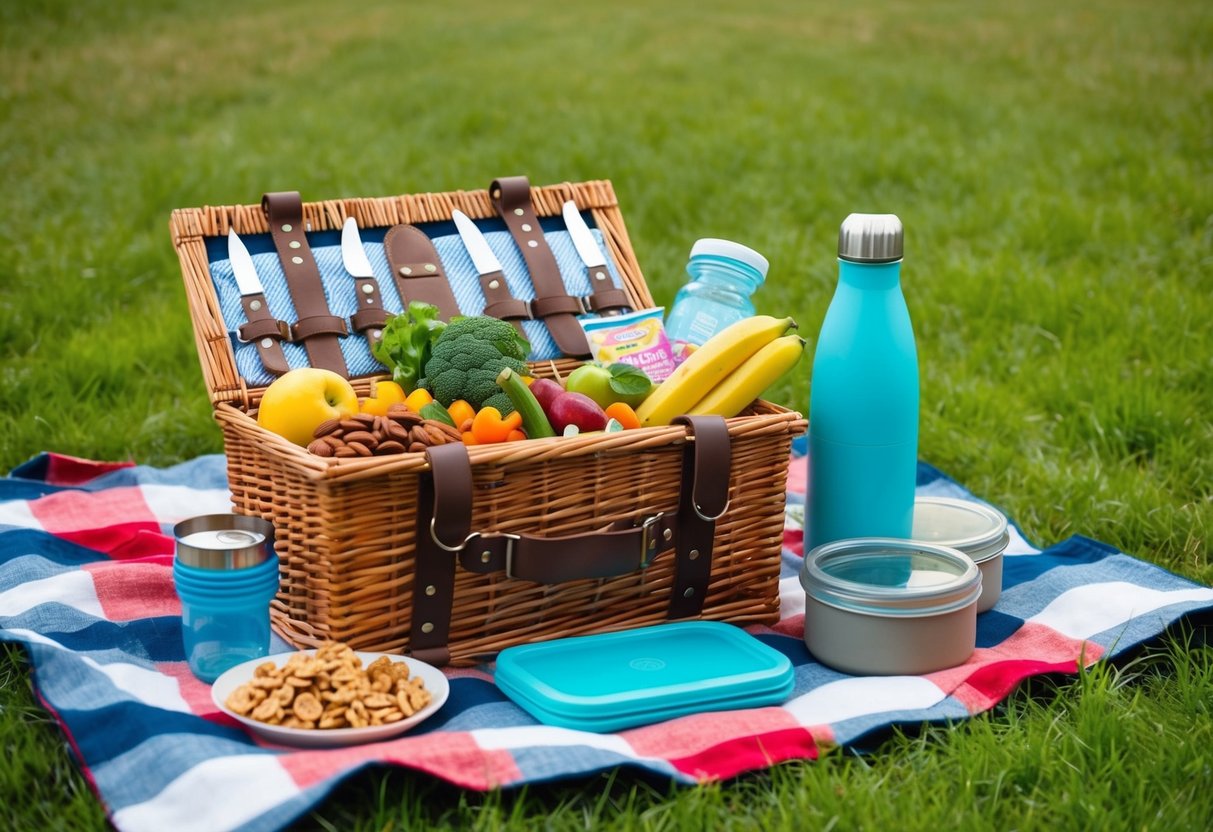 A picnic basket filled with fresh fruits, vegetables, nuts, and granola bars sits on a checkered blanket in a grassy field. A water bottle and reusable containers are neatly arranged alongside the snacks