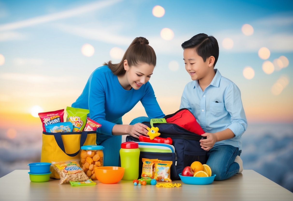 A parent packing a bag with snacks, toys, and essentials for a flight with young children