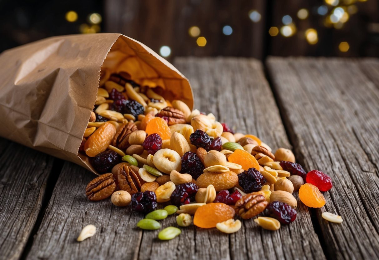 A trail mix overflowing from a brown paper bag, with a variety of dried fruits and nuts spilling out onto a rustic wooden table