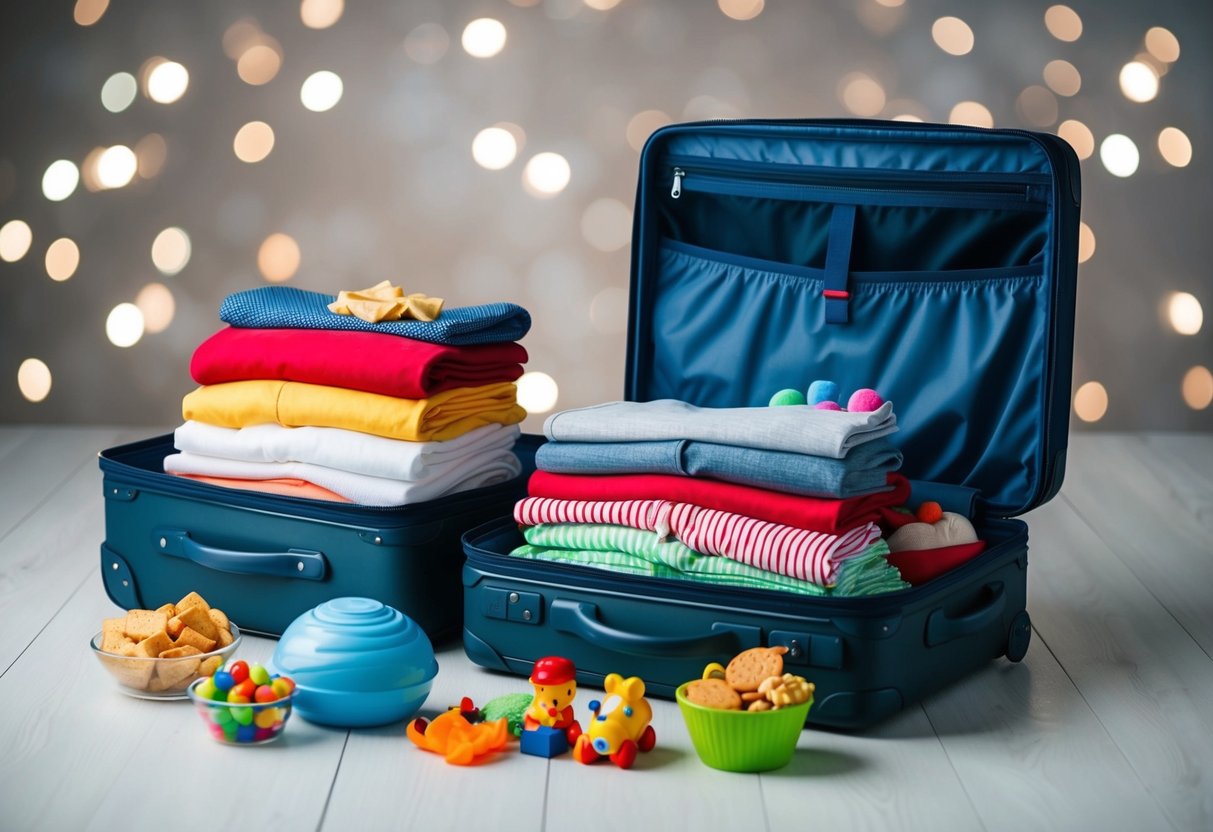 A suitcase open with neatly folded clothes spilling out, surrounded by toys and snacks