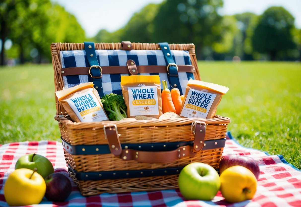 A picnic basket filled with whole wheat crackers and nut butter packs, surrounded by fresh fruits and vegetables, sits on a checkered blanket in a sunny park