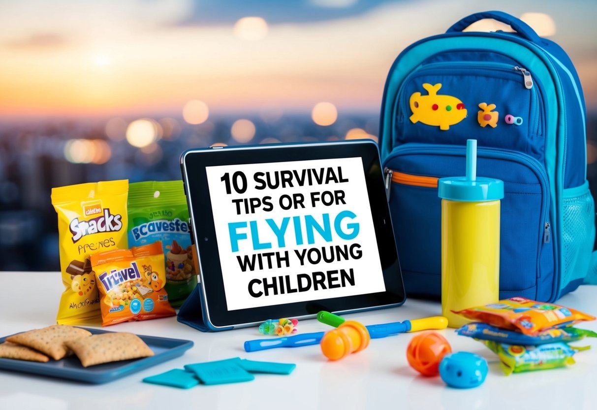 A tablet displaying 10 survival tips for flying with young children, surrounded by travel essentials like snacks, toys, and a child's backpack