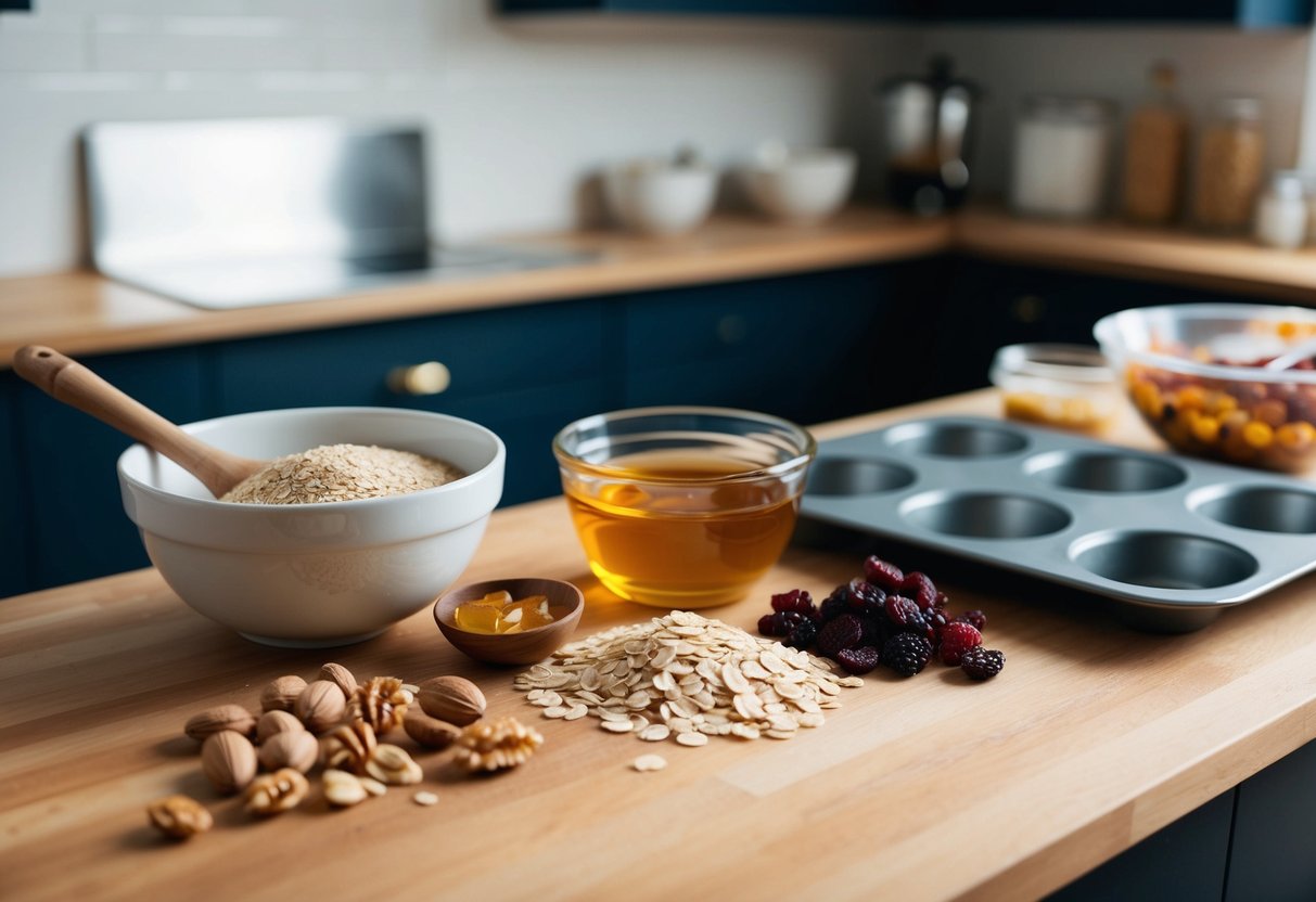 A kitchen counter with various ingredients such as oats, nuts, honey, and dried fruits laid out next to a mixing bowl and a baking tray