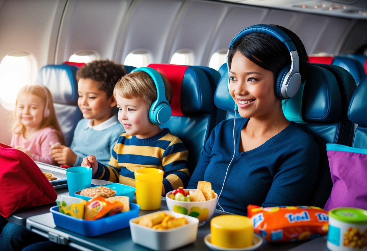 A parent wearing comfortable headphones while seated next to young children on an airplane, surrounded by travel essentials and snacks