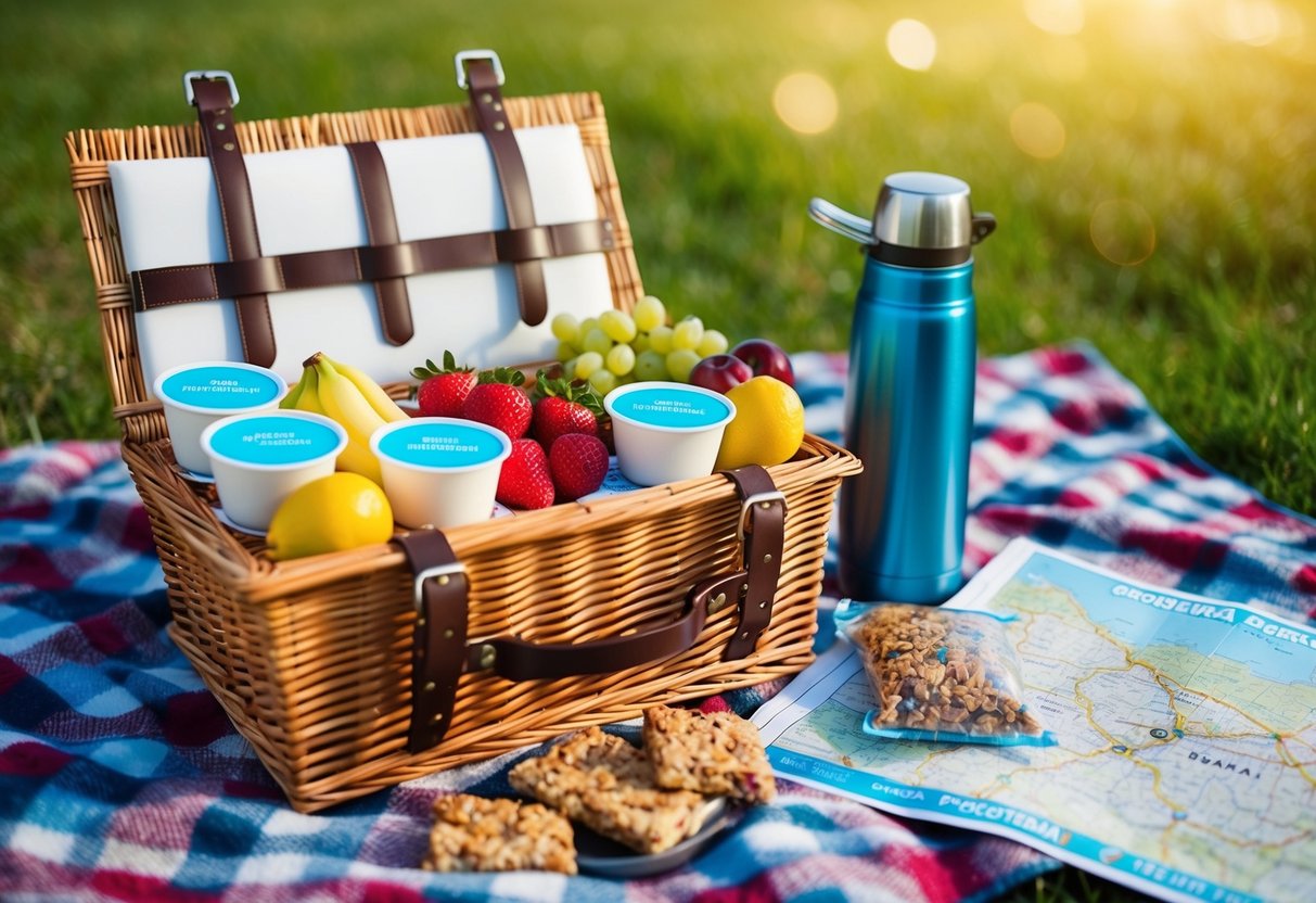 A picnic basket filled with Greek yogurt cups, fresh fruits, and granola bars laid out on a checkered blanket next to a road map and a thermos of water