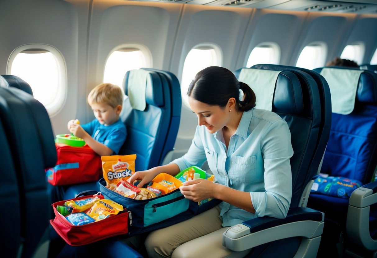 A parent calmly organizes a backpack with snacks, toys, and entertainment for their children on an airplane