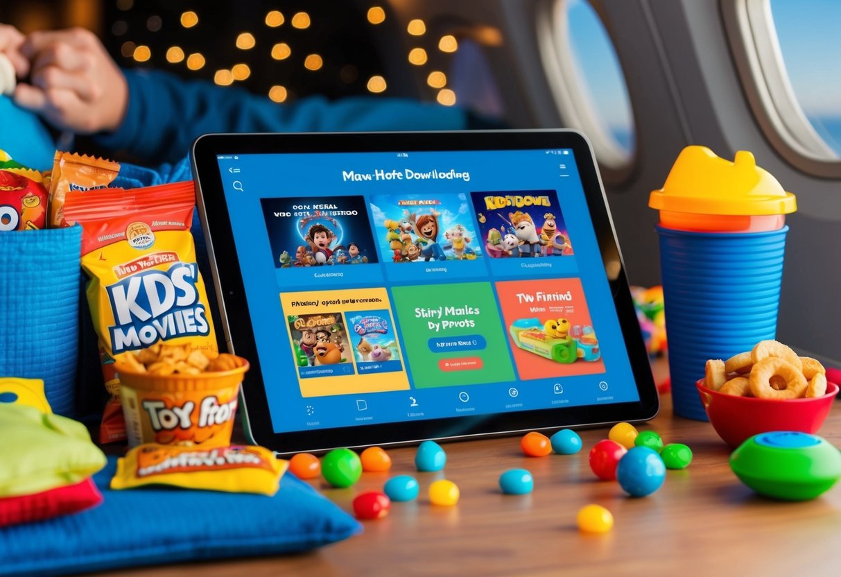 A tablet with kids' movies downloading, surrounded by snacks, toys, and travel essentials for parents flying with kids