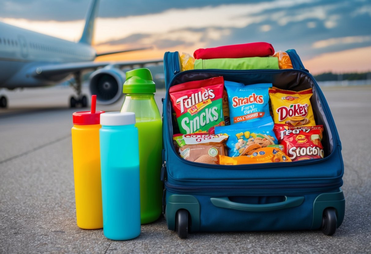 A family's carry-on bag filled with snacks and drinks, neatly organized for a long flight with kids