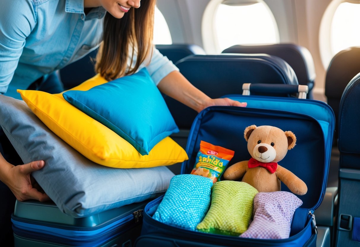 A parent places a travel pillow, blanket, and stuffed animal in their child's carry-on bag, alongside snacks and entertainment for a long flight