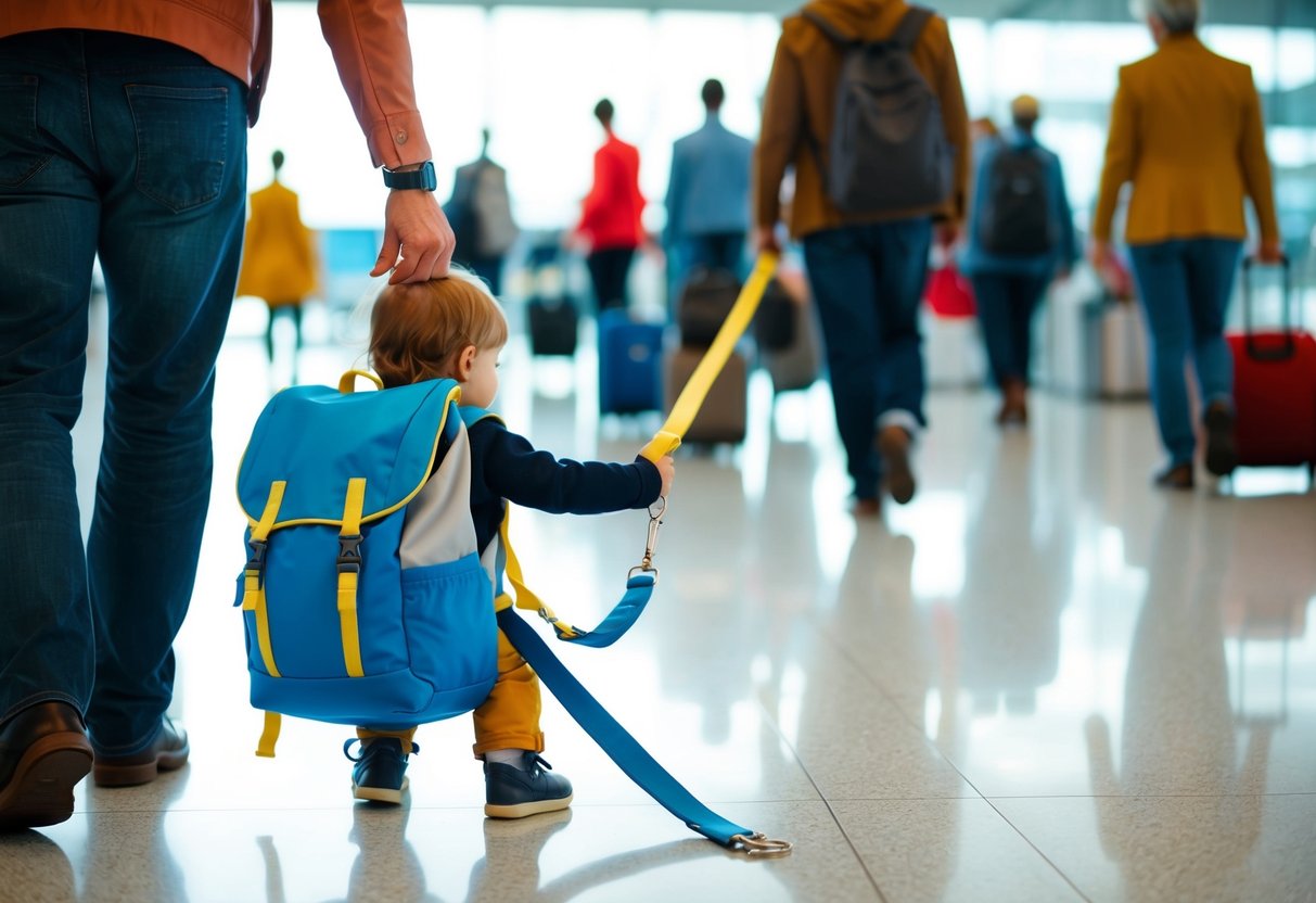 A child backpack leash attached to a parent's hand as they navigate through a busy airport with their young child