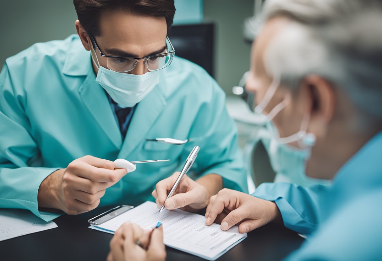 A dental professional examining a patient's mouth, holding a dental mirror and probe, while writing notes on a dental chart