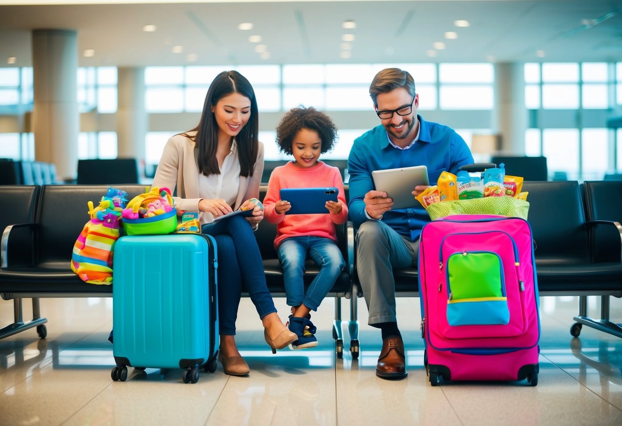 A family sits in an airport lounge with suitcases and a colorful bag filled with toys and snacks. A child plays with a tablet while the parents look through a travel guide