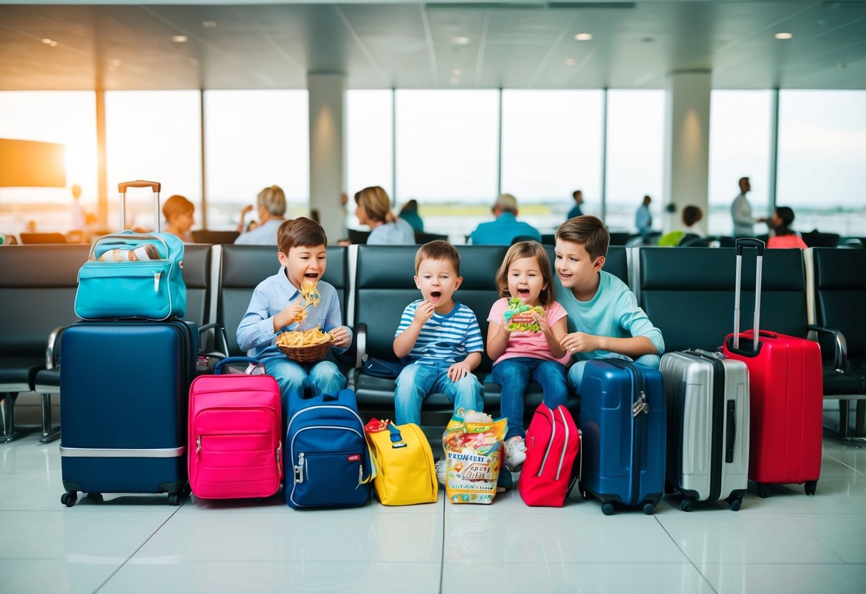 A family sits in an airport lounge surrounded by suitcases and backpacks. The children eagerly munch on a variety of snacks while waiting for their next flight