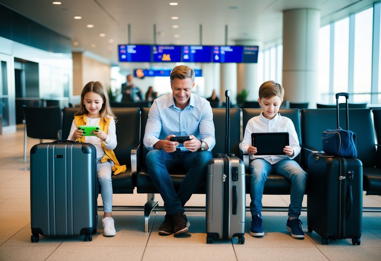 A family sits in an airport lounge with luggage and electronic devices. A child plays a handheld game while another watches a movie on a tablet