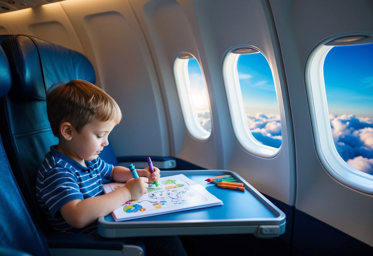 A child playing with a coloring book and crayons at a tray table on a plane, with a window seat view of clouds and sky