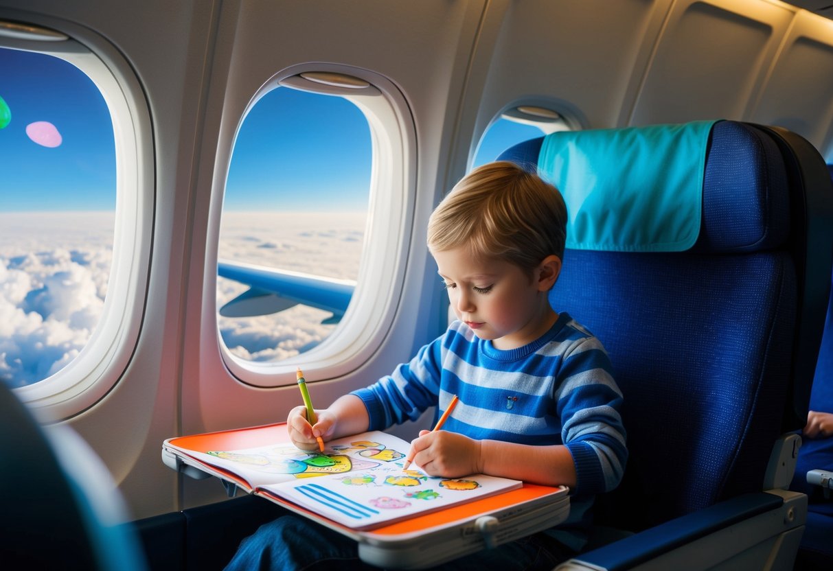 A child seated in an airplane, using a coloring book and crayons to create colorful drawings. Outside the window, clouds and the wing of the plane are visible