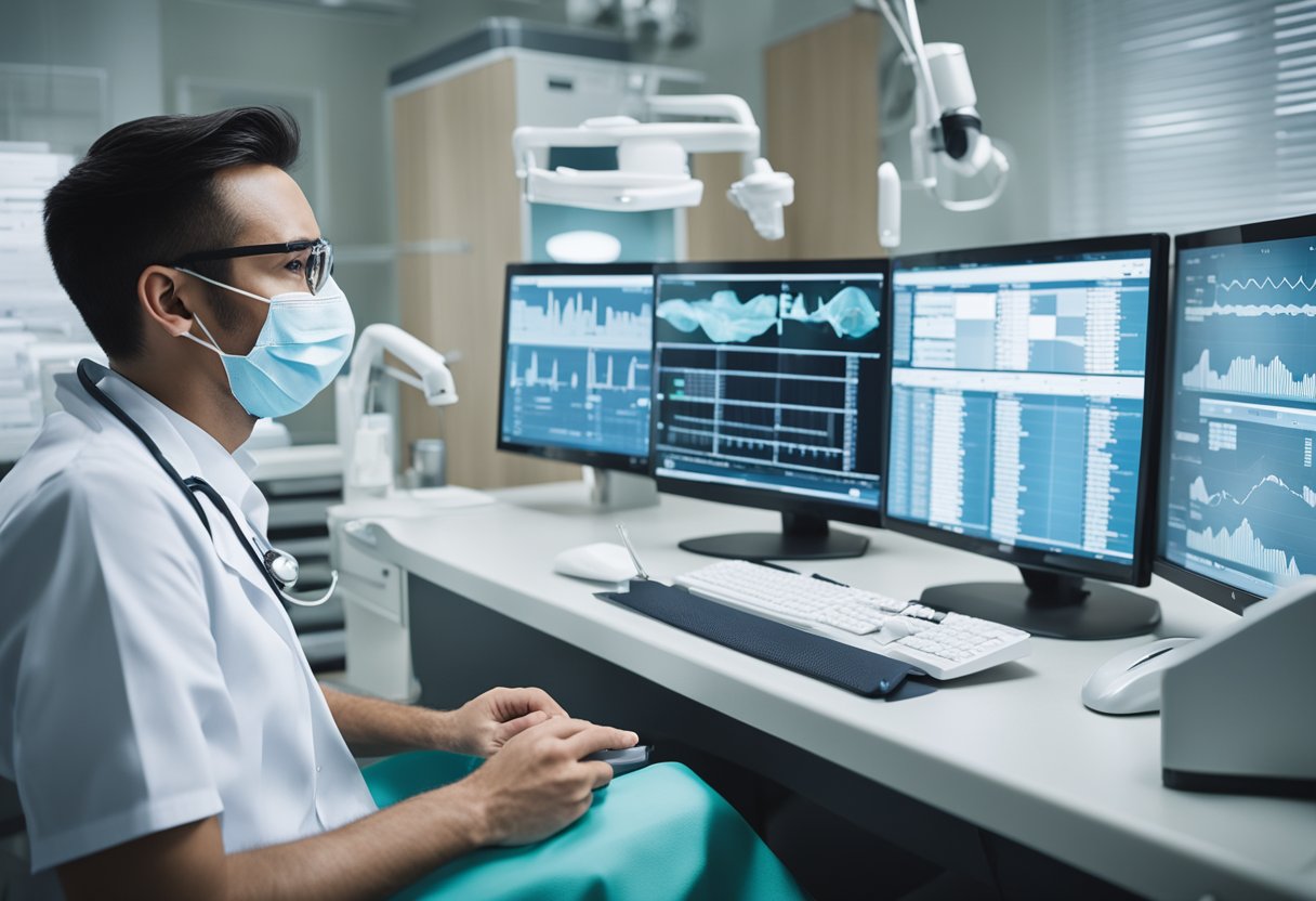 A dentist using a computer to input dental chart notes, surrounded by digital charts and graphs