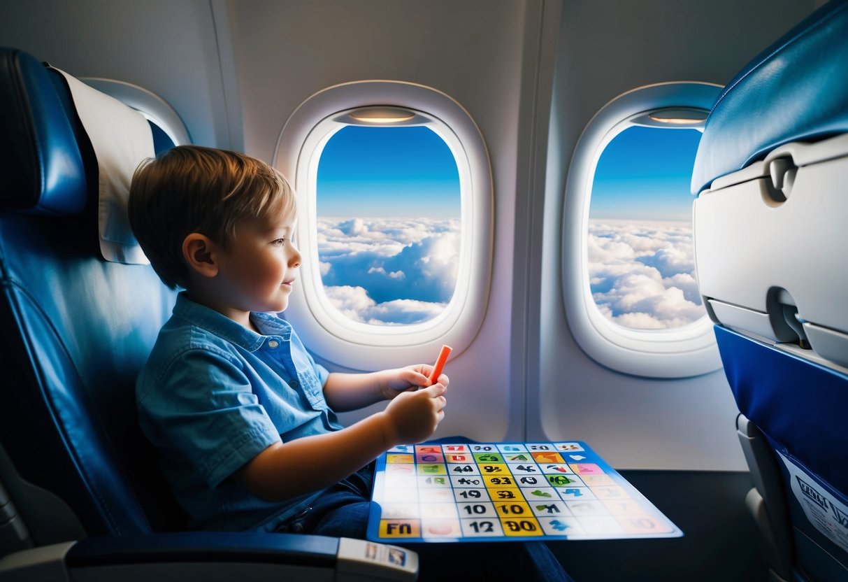 A child sitting in an airplane seat, playing travel bingo with a game board and markers, while looking out the window at the clouds