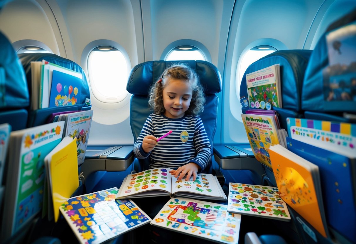 A child sitting in an airplane seat, surrounded by sticker books and engaging in various activities such as coloring, puzzles, and games to stay entertained during the flight