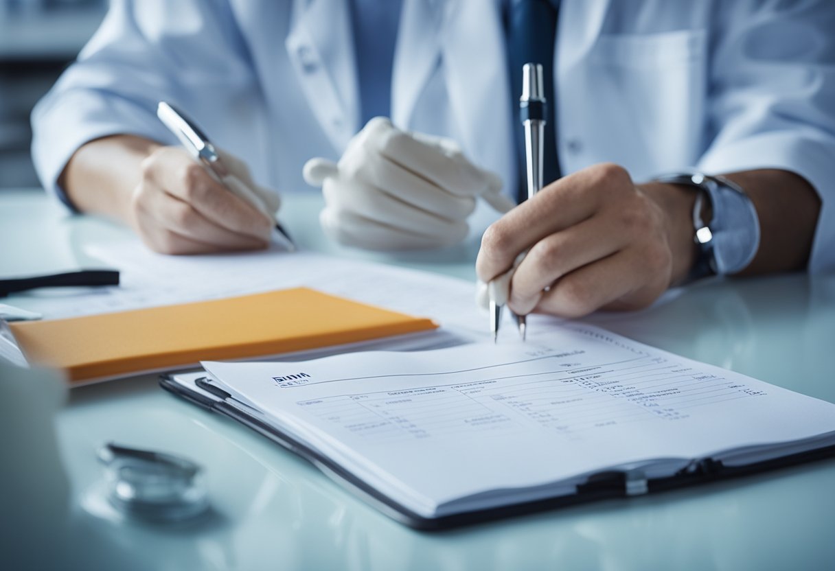 A dentist writing detailed notes on a dental chart, with various dental tools and equipment visible in the background