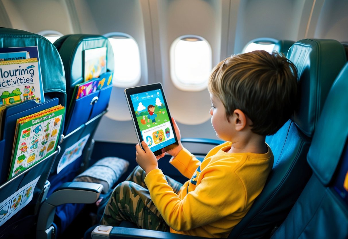 A child using an interactive story app on a tablet while seated in an airplane, surrounded by various in-flight activities such as coloring books and puzzles