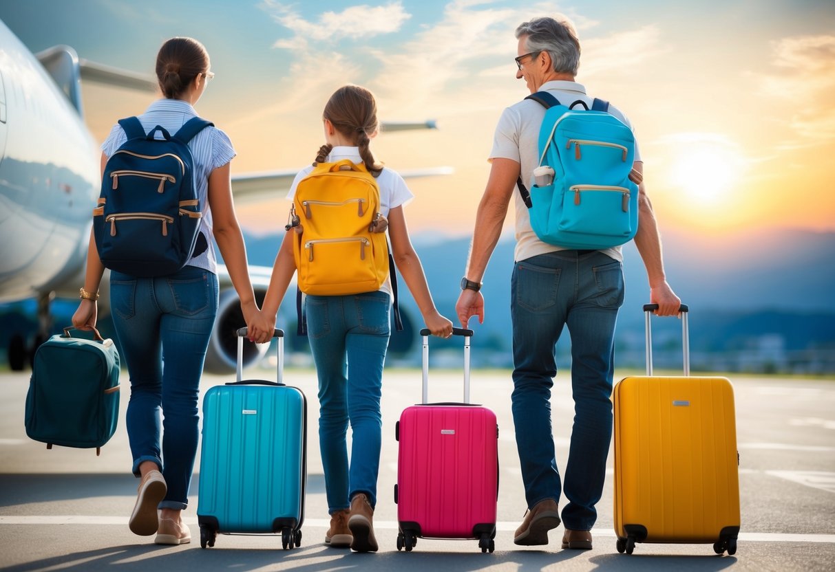 A family of four boards a plane, with parents carrying backpacks and children holding onto small suitcases, smiling and looking excited for the flight