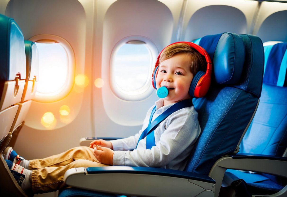 A child sitting comfortably in an airplane seat, wearing headphones and chewing gum, while the airplane takes off