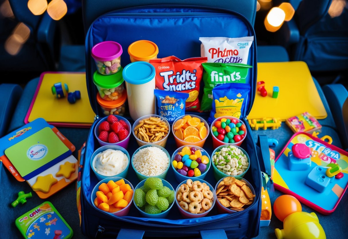 A colorful array of snacks arranged neatly in a travel bag, surrounded by toys and activities, ready for a stress-free flight with kids