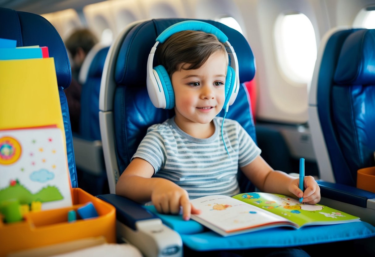 A child wearing noise-canceling headphones on a plane, surrounded by calming activities like reading and coloring