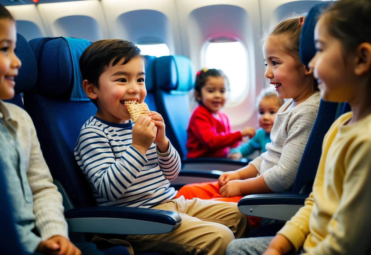 A child happily chewing on a chewable snack while sitting on an airplane, surrounded by other children and adults