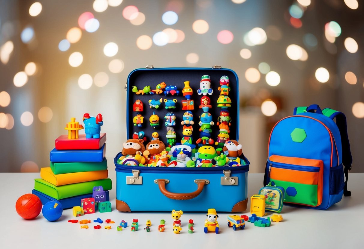 A suitcase filled with small toys arranged in eight different ways, surrounded by colorful travel accessories and a child's backpack