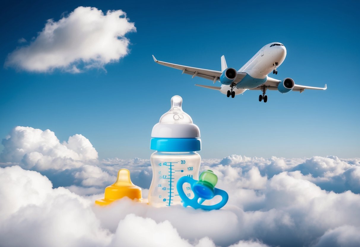 A baby bottle and pacifier surrounded by fluffy clouds and a peaceful airplane flying through a clear blue sky