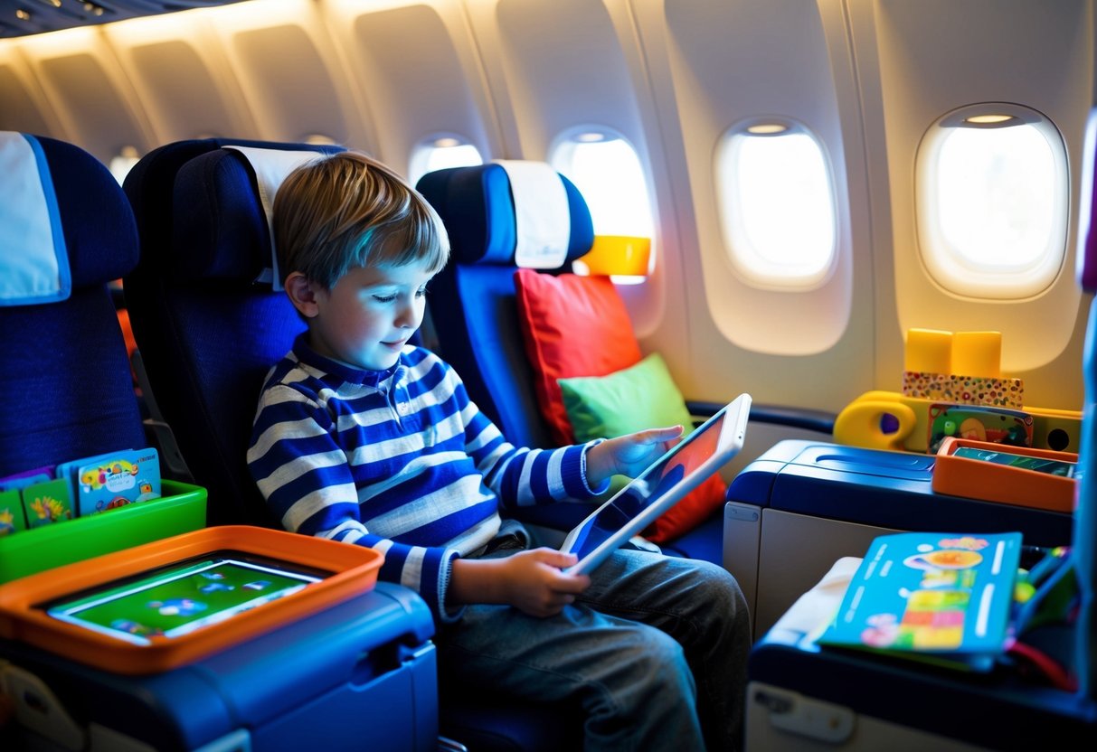 A child sits on a plane, using a tablet for entertainment while surrounded by various activities to keep them occupied during the flight