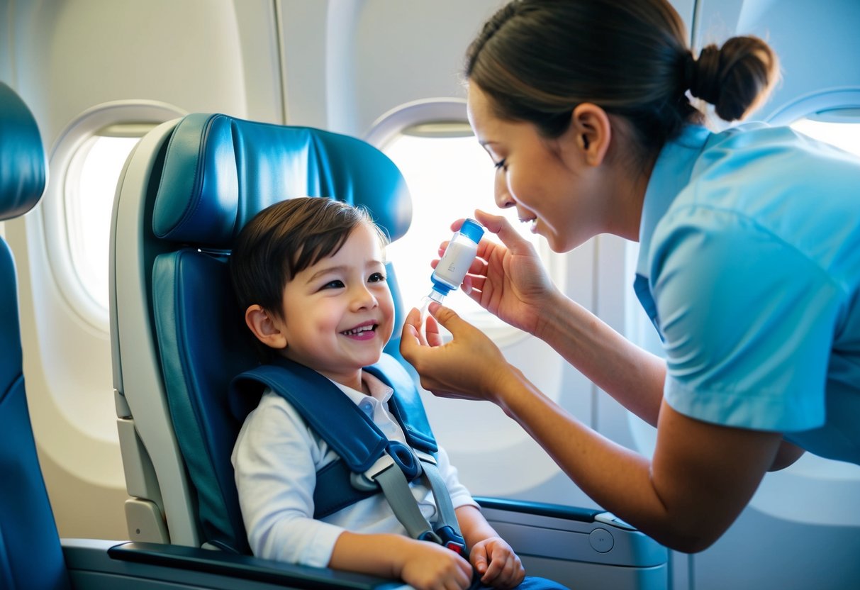 A child sitting in an airplane seat with a smile, while a caregiver administers nasal spray