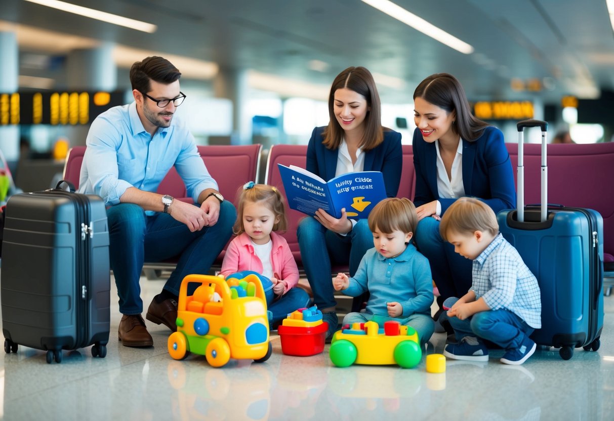 A family with young children waits in an airport, surrounded by luggage and toys. The parents are reading a guide on how to make flying with kids less stressful, while the children play nearby