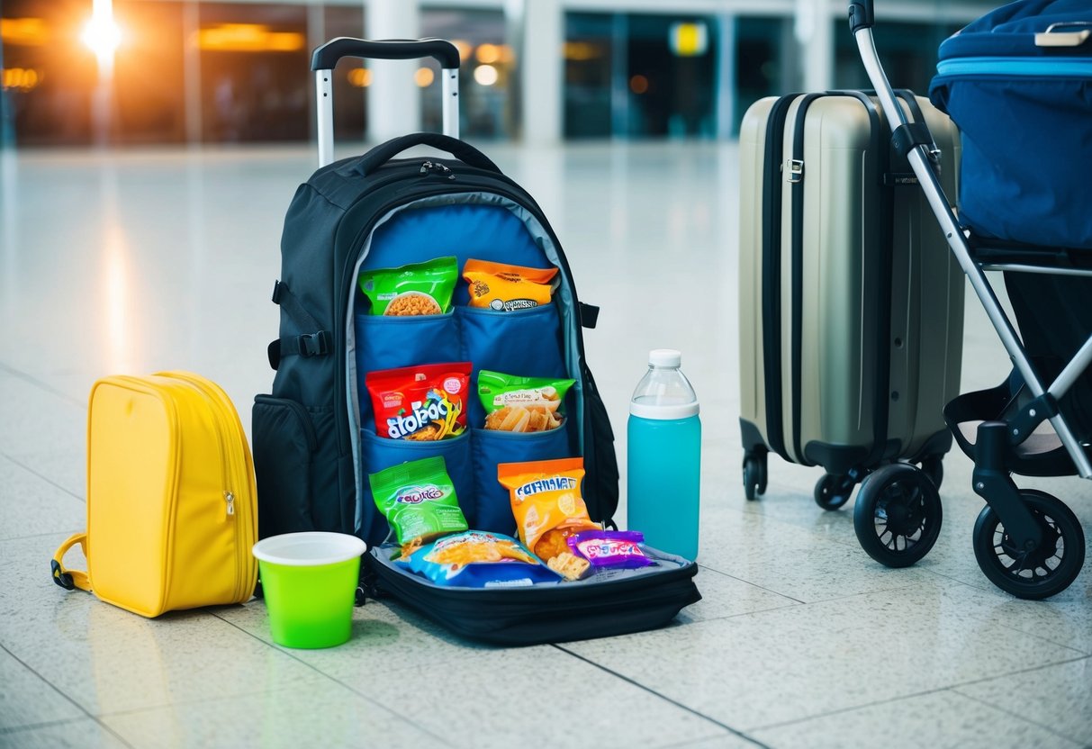 A family's backpack open on an airport floor, revealing neatly packed snacks and drinks. A stroller and suitcase sit nearby