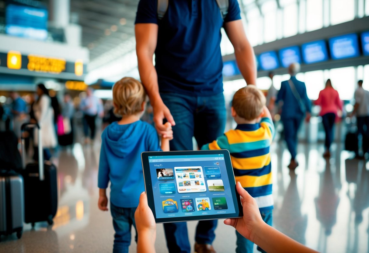 A parent's hand holds a tablet showing movies while guiding two young children through a busy airport, following 5 tips for smooth navigation